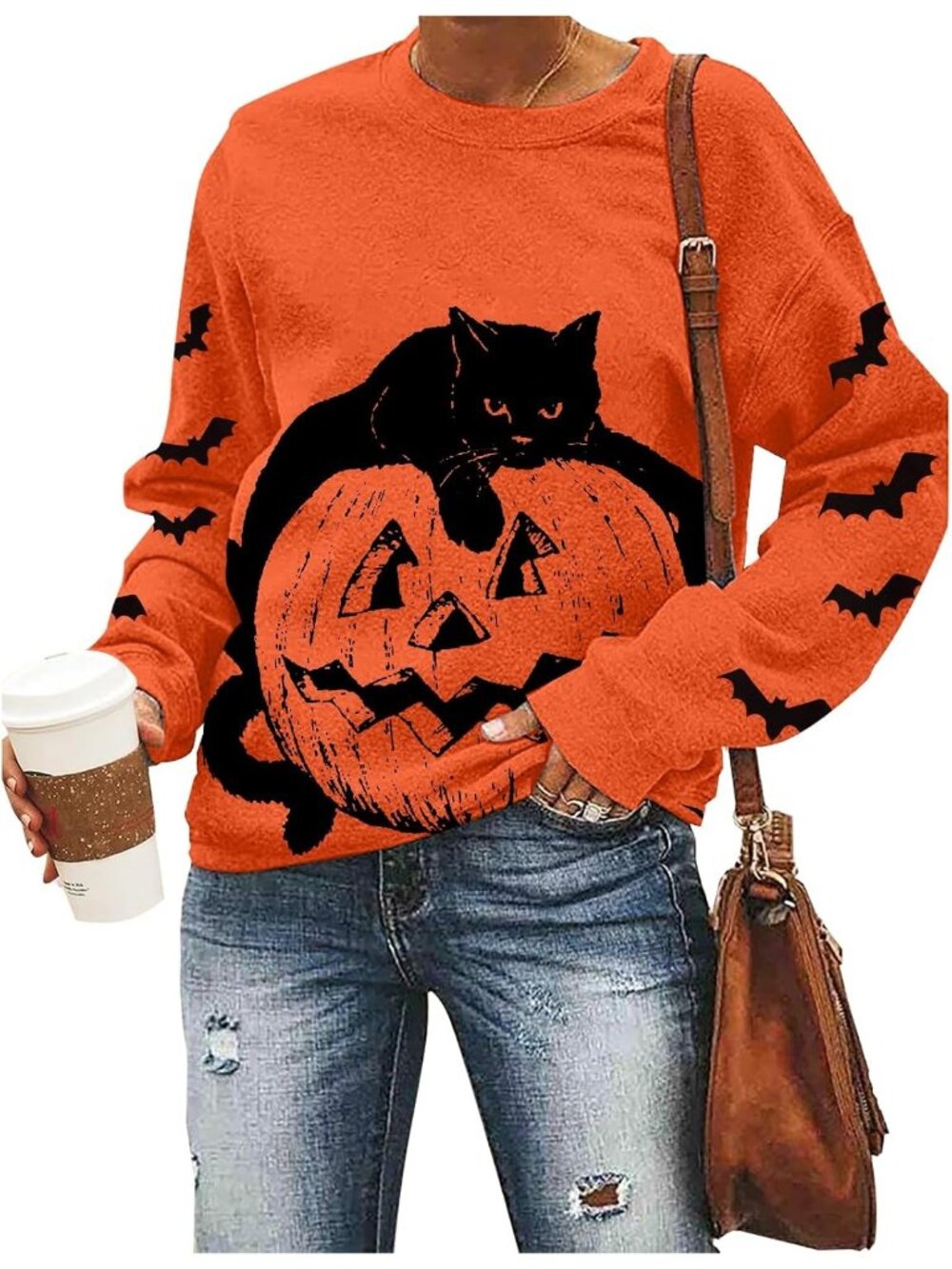 🆕 Women’s Orange Black Cat Pumpkin Bats Halloween Crewneck Sweatshirt